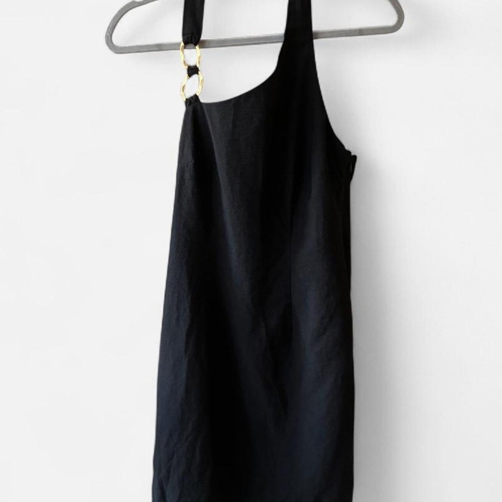 Future Collective Halter Sheath Dress Sz 6 Black Gold Abstract‎ Ring Linen Blend